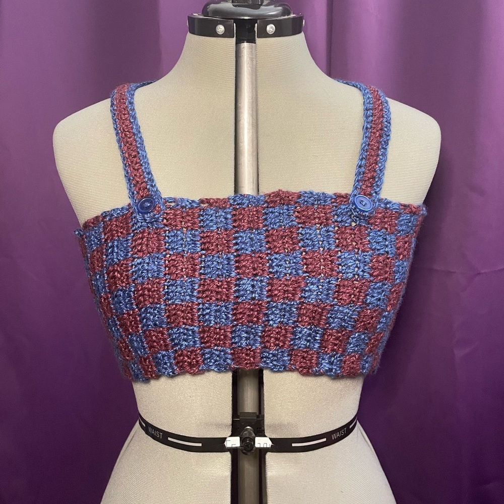 Blue and Red Checkered Crocheted Women's Crop Top